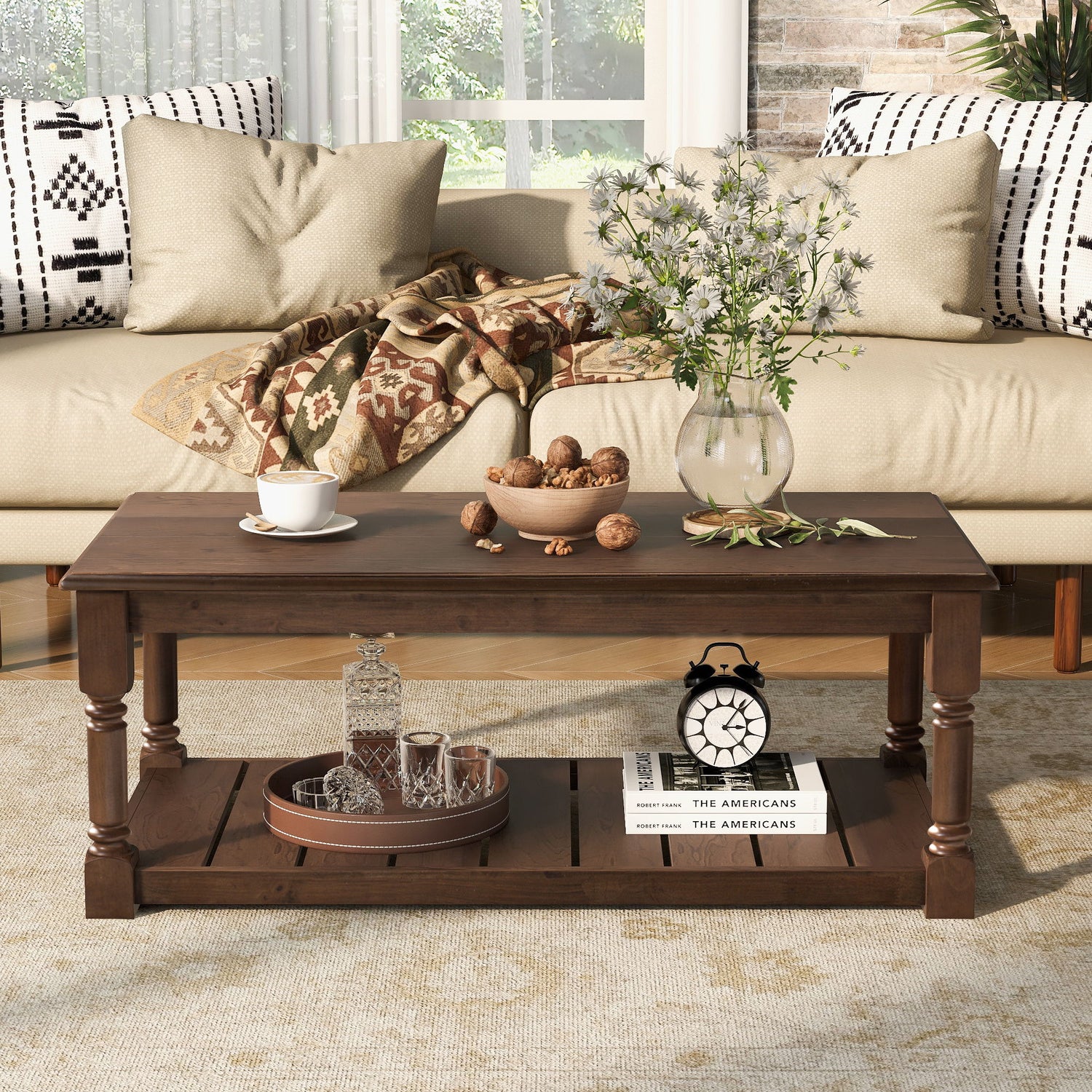 Coffee Table With Slatted Lower Shelf For Living Room