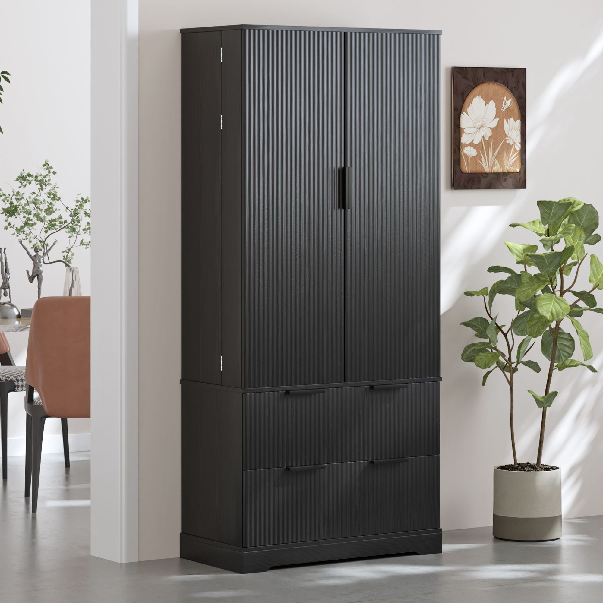 Fluted Kitchen Pantry Cabinet With 2 Large Drawers &amp; 8 Door Spice Rack