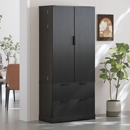 Fluted Kitchen Pantry Cabinet With 2 Large Drawers &amp; 8 Door Spice Rack
