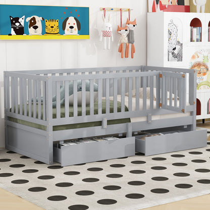 Daybed With Fence Guardrails And 2 Drawers, Split Into Independent Floor Bed &amp; Daybed