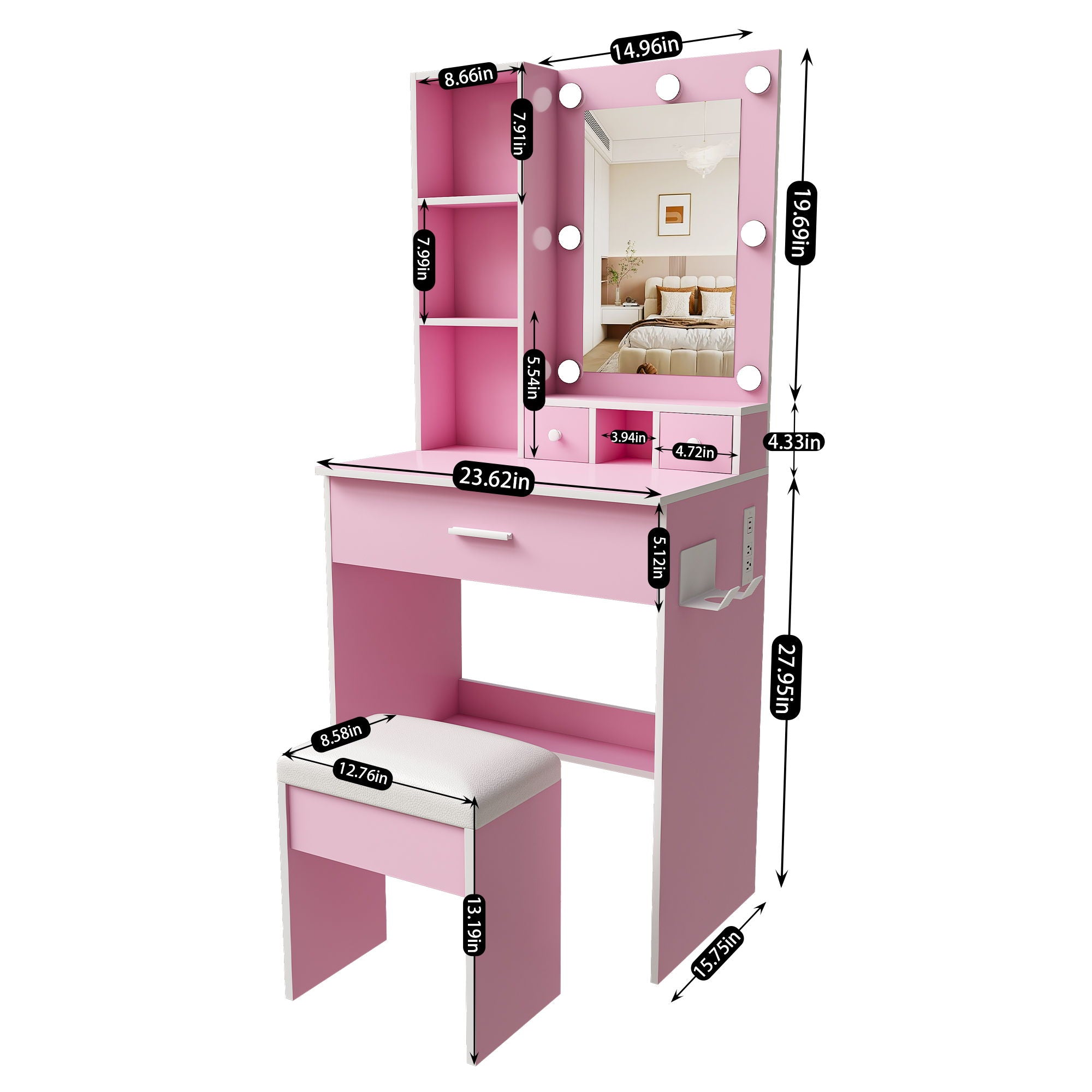 Vanity Table With Mirror, Adjustable LED Lights, Power Outlet, Hairdryer Holder &amp; Stool