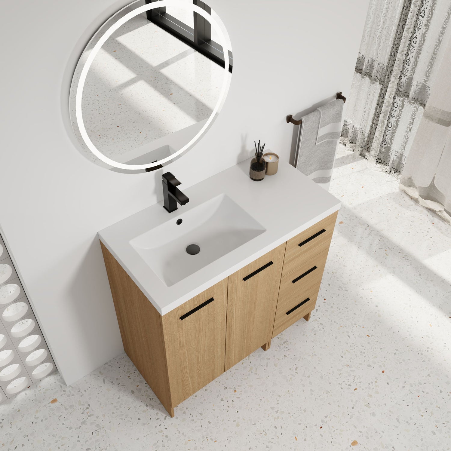 Wall Mounted Floating Bathroom Vanity With Sink, Door &amp; Drawers Modular Cabinet