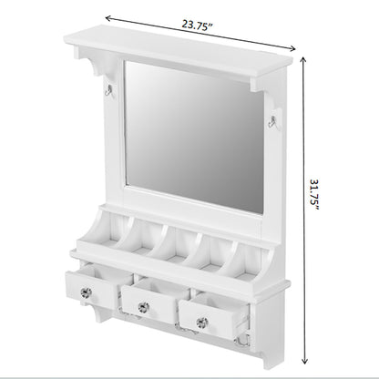 Floating Makeup Vanity With Big Mirror, Wall Mounted Storage Vanity With Drawers, Pockets &amp; Hooks, Space Saving Decorative Home Organizer - White