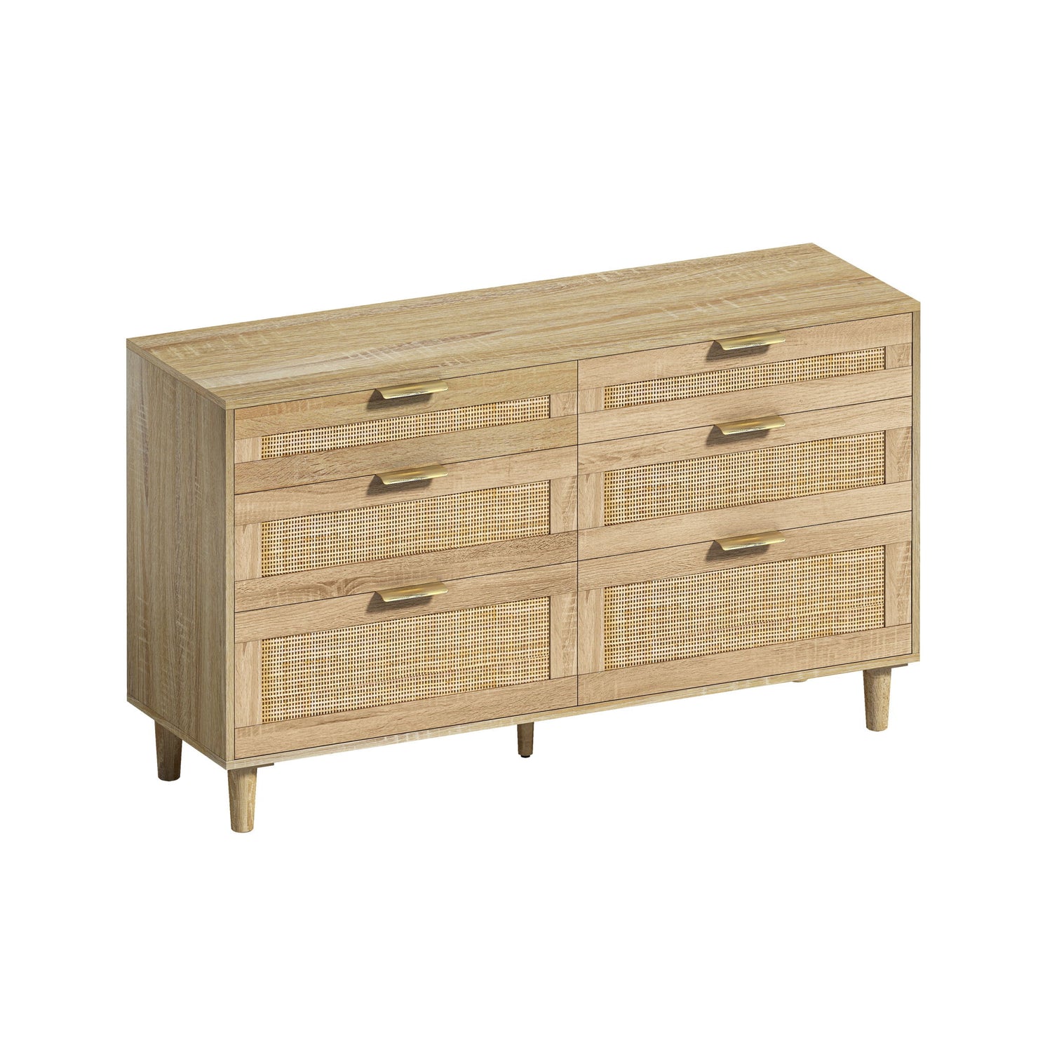 Rattan Dresser With 6 Drawers, Wooden Legs &amp; Metal Handle