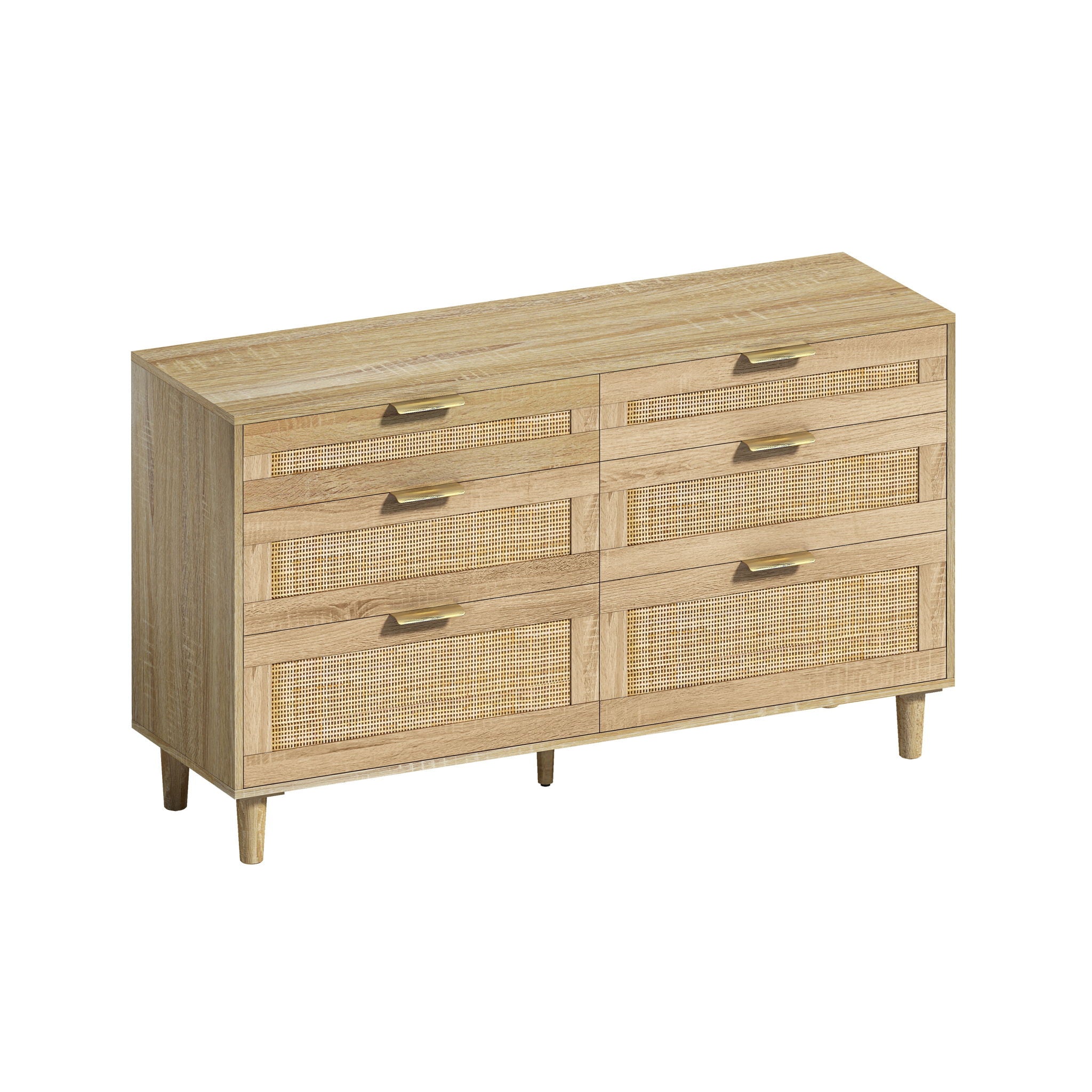 Rattan Dresser With 6 Drawers, Wooden Legs &amp; Metal Handle
