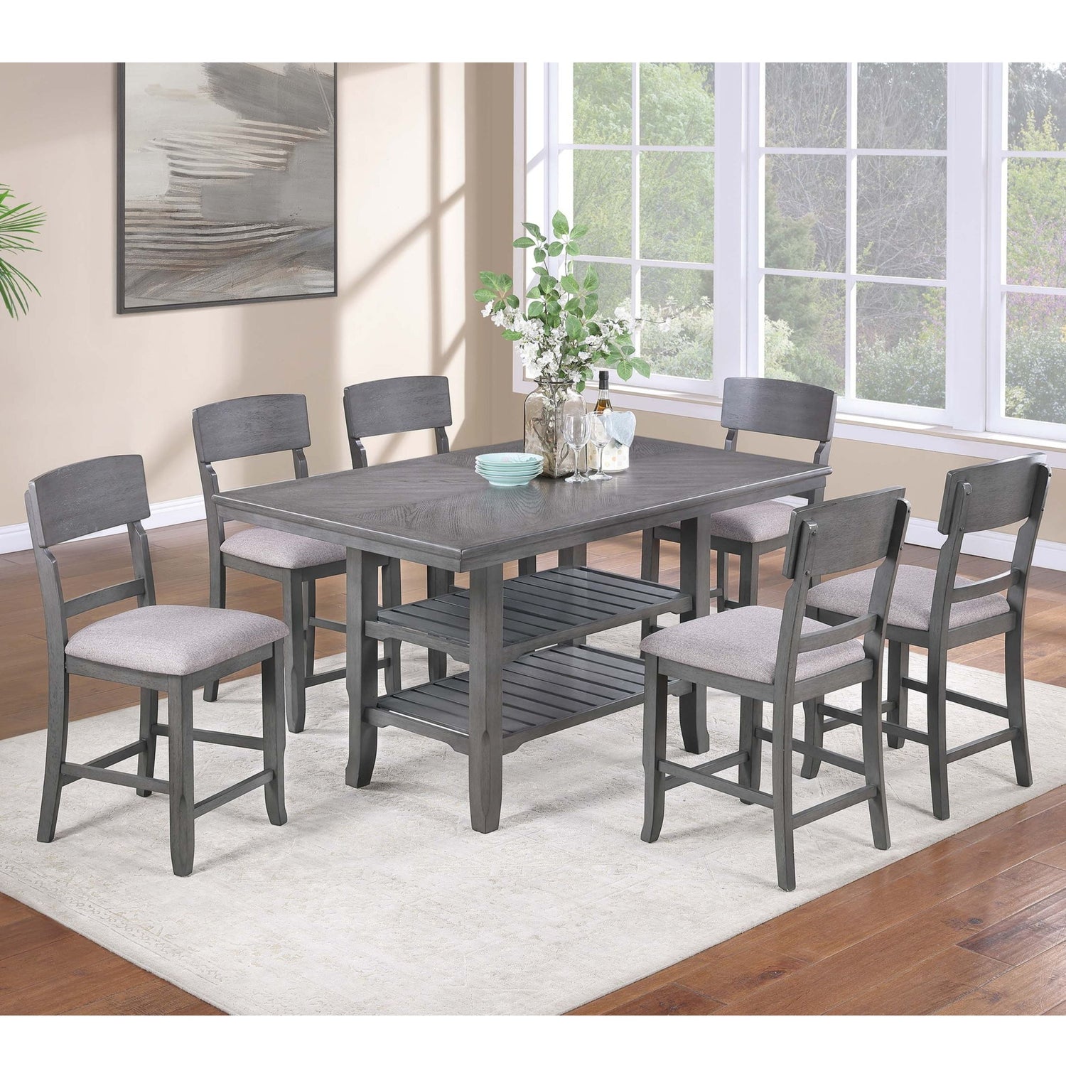 7 Piece Counter Height Dining Set With Storage Shelves, Table &amp; 6 High Chairs - Gray
