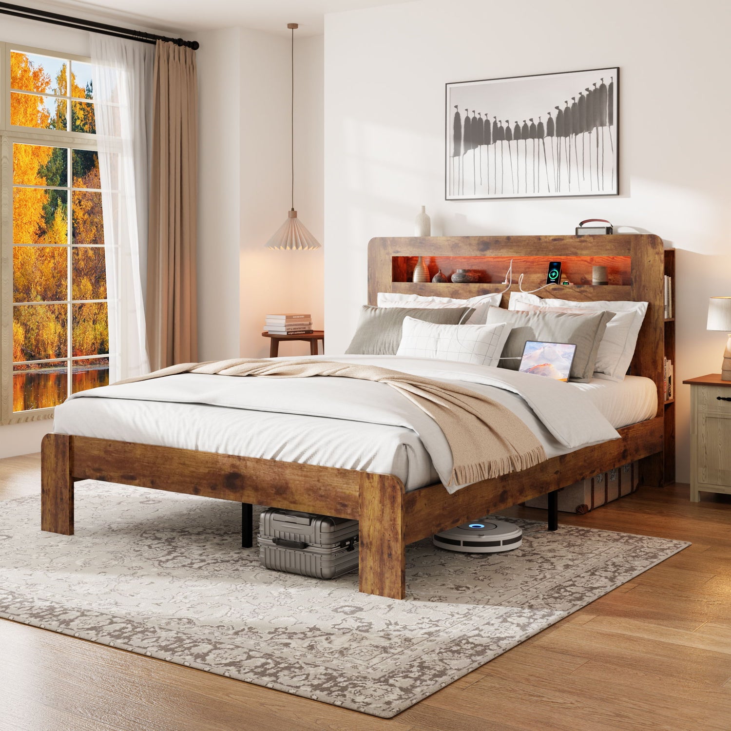 Wood Platform Bed Frame With Storage LED Light Headboard &amp; USB