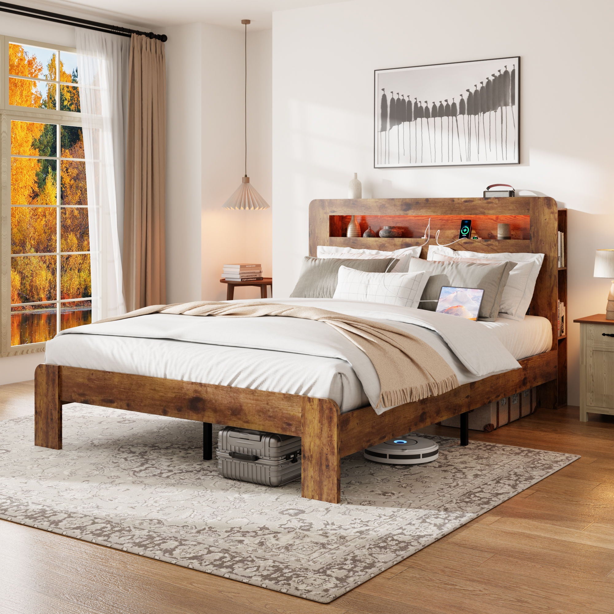 Wood Platform Bed Frame With Storage LED Light Headboard &amp; USB