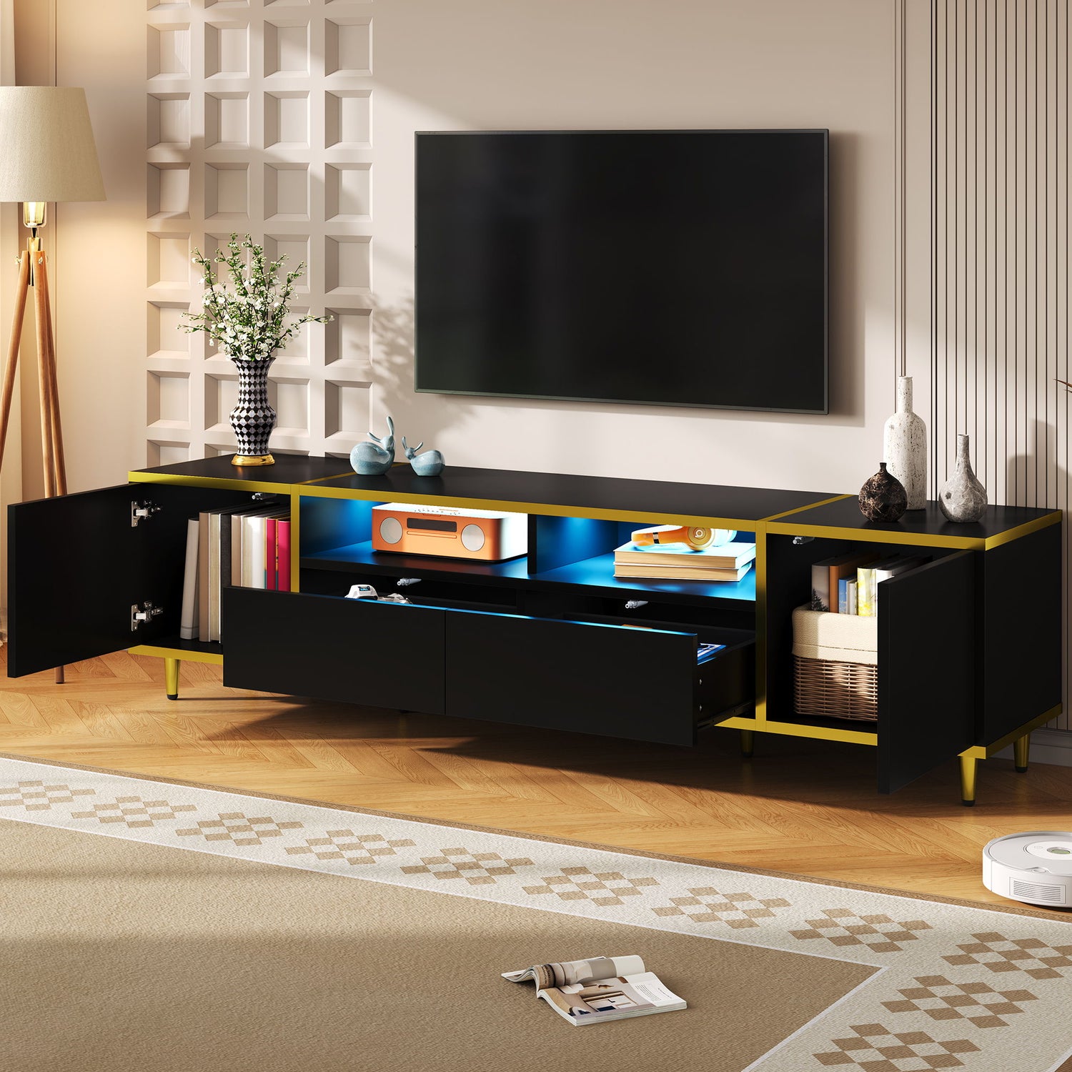 TV Stand For TVs Up To 80&quot;, Entertainment Center With 2 Shelves And LED Lights