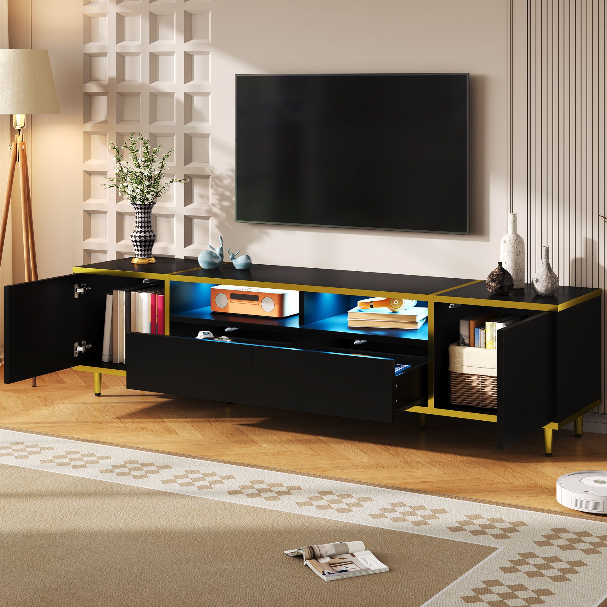 TV Stand For TVs Up To 80&quot;, Entertainment Center With 2 Shelves And LED Lights