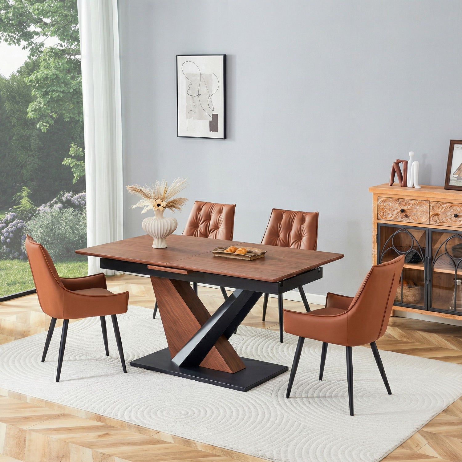 Dining Table, Scratch Resistant, Cross Geometric Legs For Kitchen &amp; Dining Room - Dark Walnut