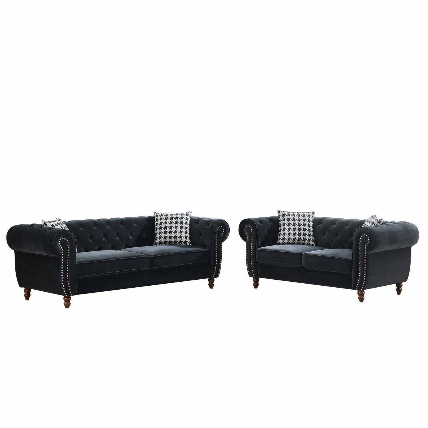 Chesterfield 3 And 2 Seater Velvet Upholstery Sofa With Roll Armrest &amp; Nailhead Fabric Couch