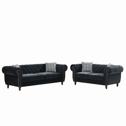 Chesterfield 3 And 2 Seater Velvet Upholstery Sofa With Roll Armrest &amp; Nailhead Fabric Couch