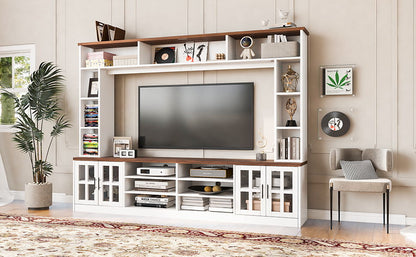 Wall Unit Entertainment Center With Bookshelves For TVs Up To 80&quot;, Tempered Glass Doors And Adjustable Shelves