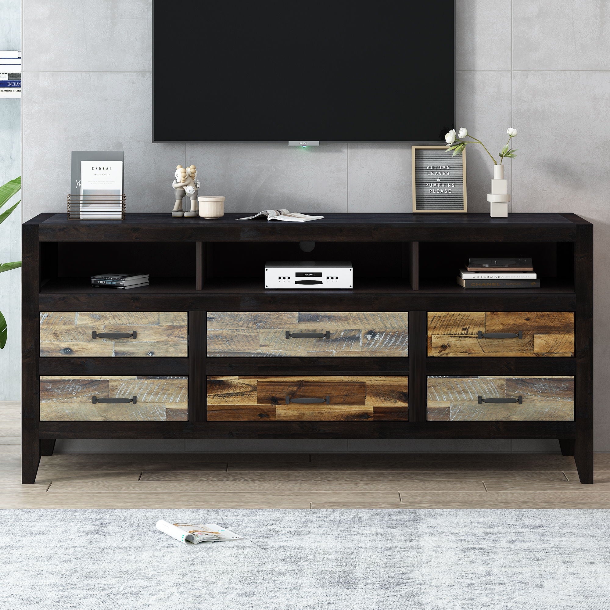 Retro Distressed Wooden TV Stand For TVs Up To 65&quot;, Entertainment Center Media Console With 6 Drawers And 3 Shelves For Living Room