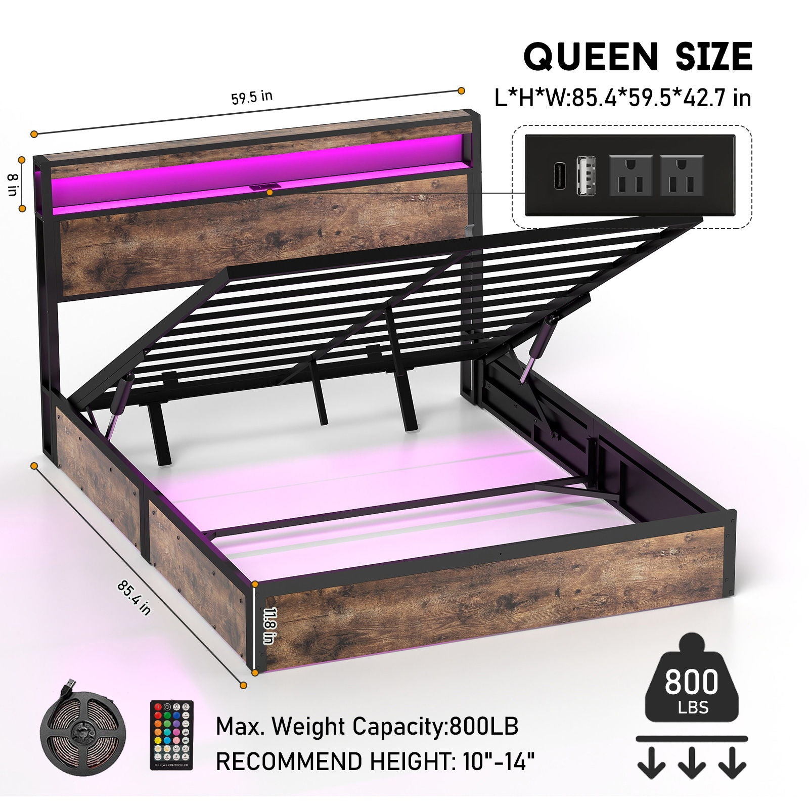 Frame With Hydraulic Lift Storage, RGB LED Lights &amp; Multi-Port Charging, No Box Spring Needed