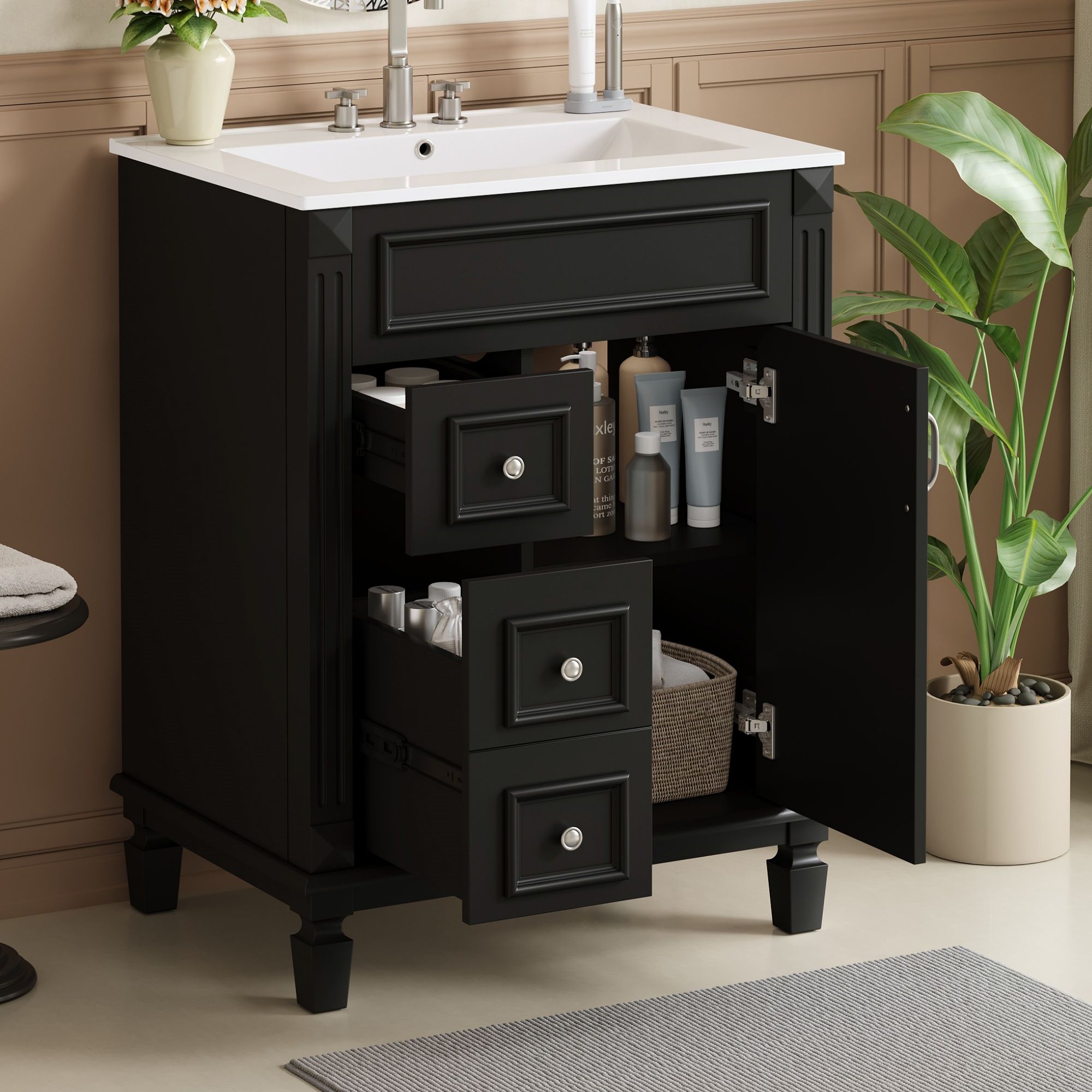 Bathroom Vanity With Sink, Compact Cabinet &amp; 2 Drawers And Adjustable Shelf