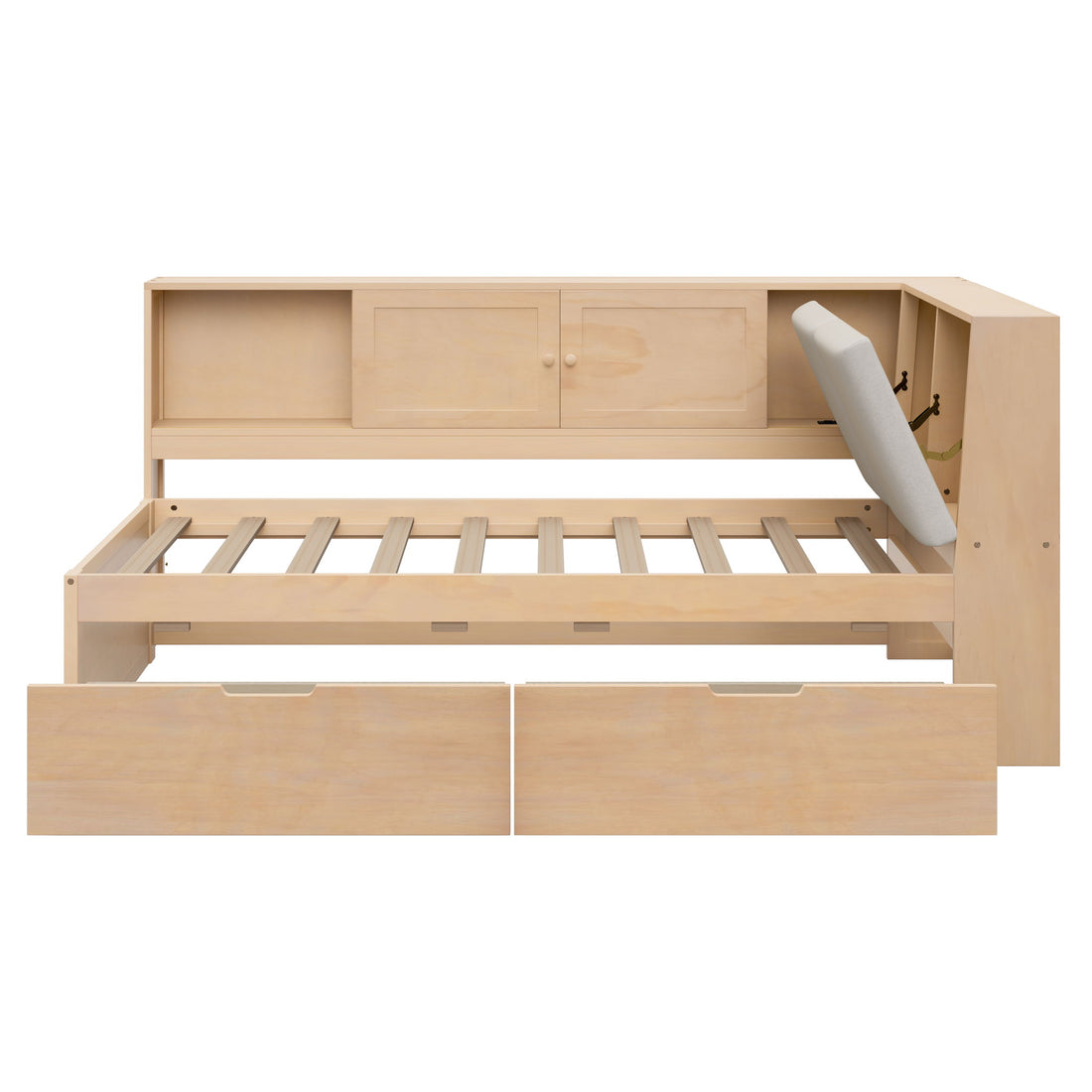 Twin L - Shaped Daybed With Storage Bookcase, Upholstered Headboard, USB Charging Ports &amp; Hidden Drawers - Natural