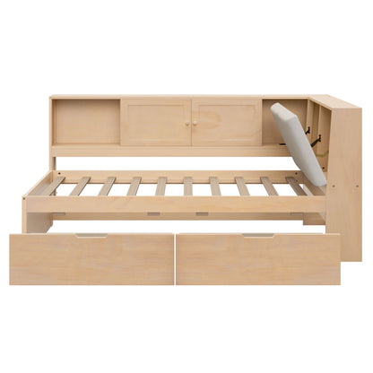 Twin L - Shaped Daybed With Storage Bookcase, Upholstered Headboard, USB Charging Ports &amp; Hidden Drawers - Natural