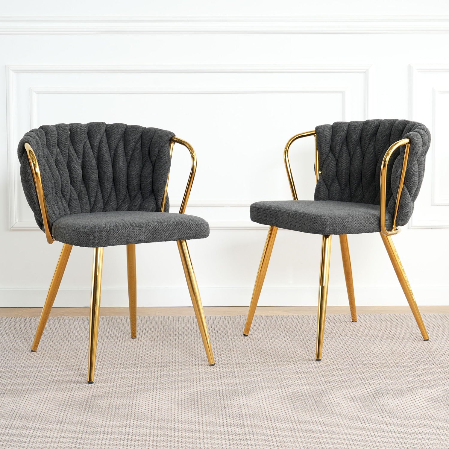 Modern Simple Linen Dining Chair With Plated Metal Legs (Set of 2)
