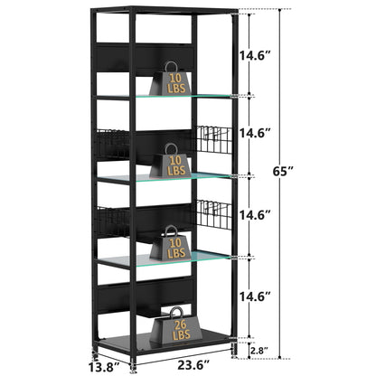 4 Tier Display Shelf With RGB Lights, LED Lighted Curio Cabinet With Adjustable Storage Box &amp; Hooks - Black