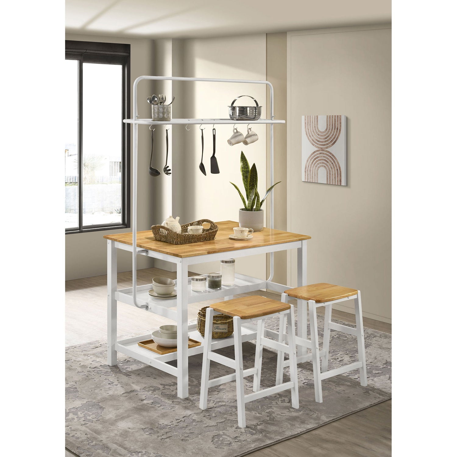 Prager - 3 Piece Kitchen Island Counter Table Set With Overhead Rack And Backless Stools - White