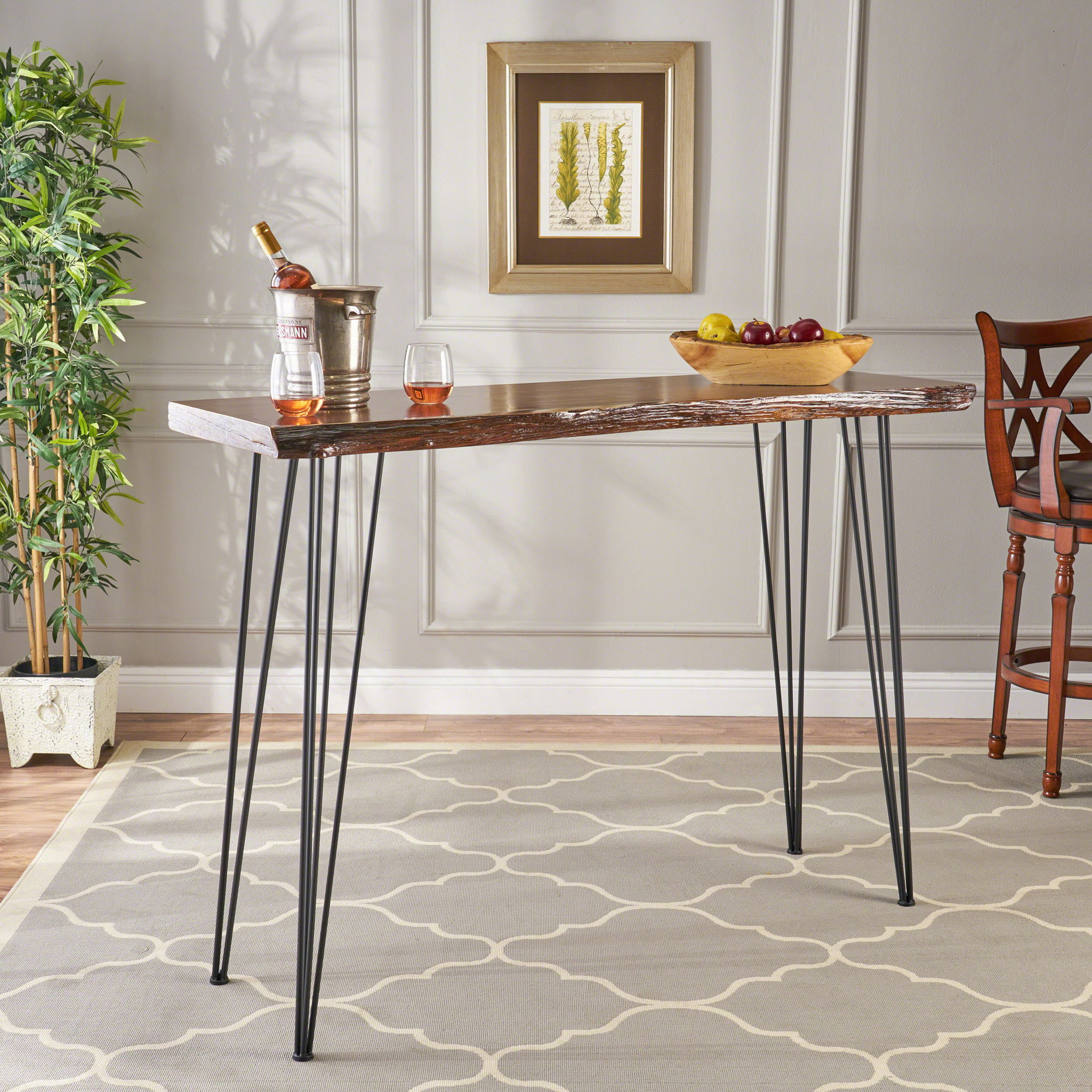 Modern Industrial Breakfast Bar Table, Metal Hairpin Legs &amp; Wood Veneer Top - Natural