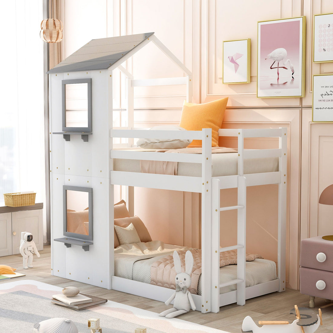 Bunk Bed Wood Bed &amp; Roof, Window, Guardrail, Ladder