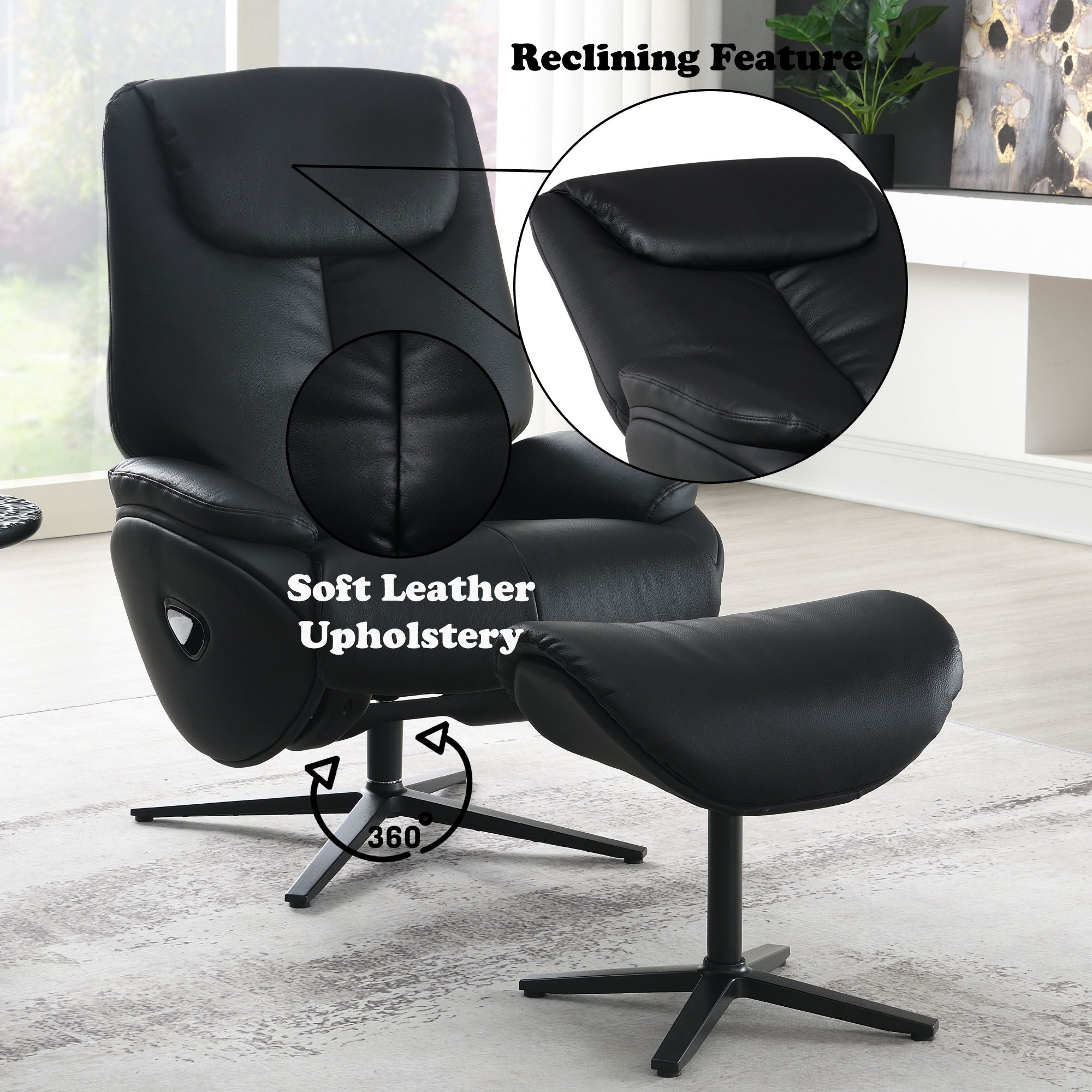 Labotina - Top Grain Leather Accent Chair With Swivel &amp; Ottoman - Black