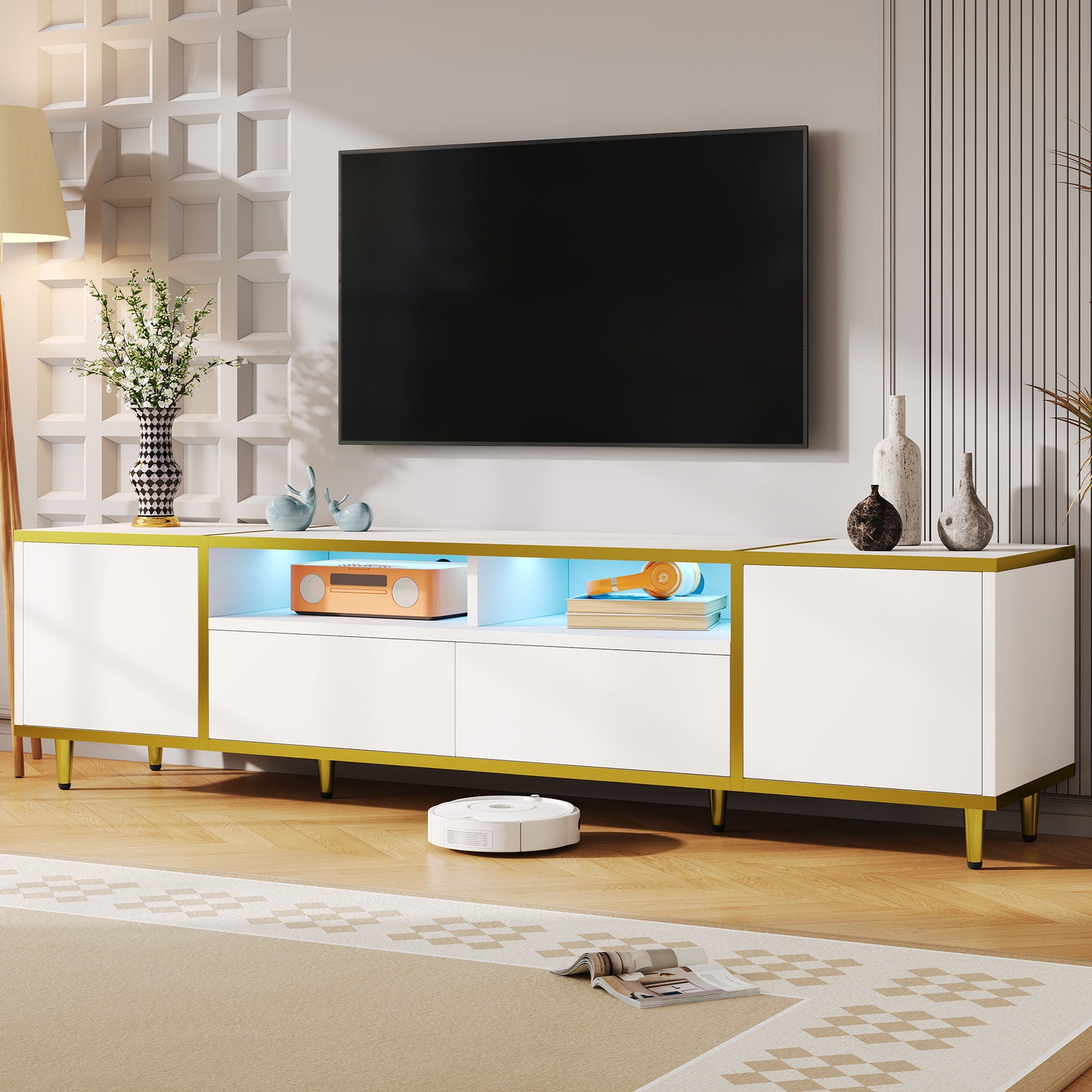 TV Stand For TVs Up To 80&quot;, Entertainment Center With 2 Shelves And LED Lights