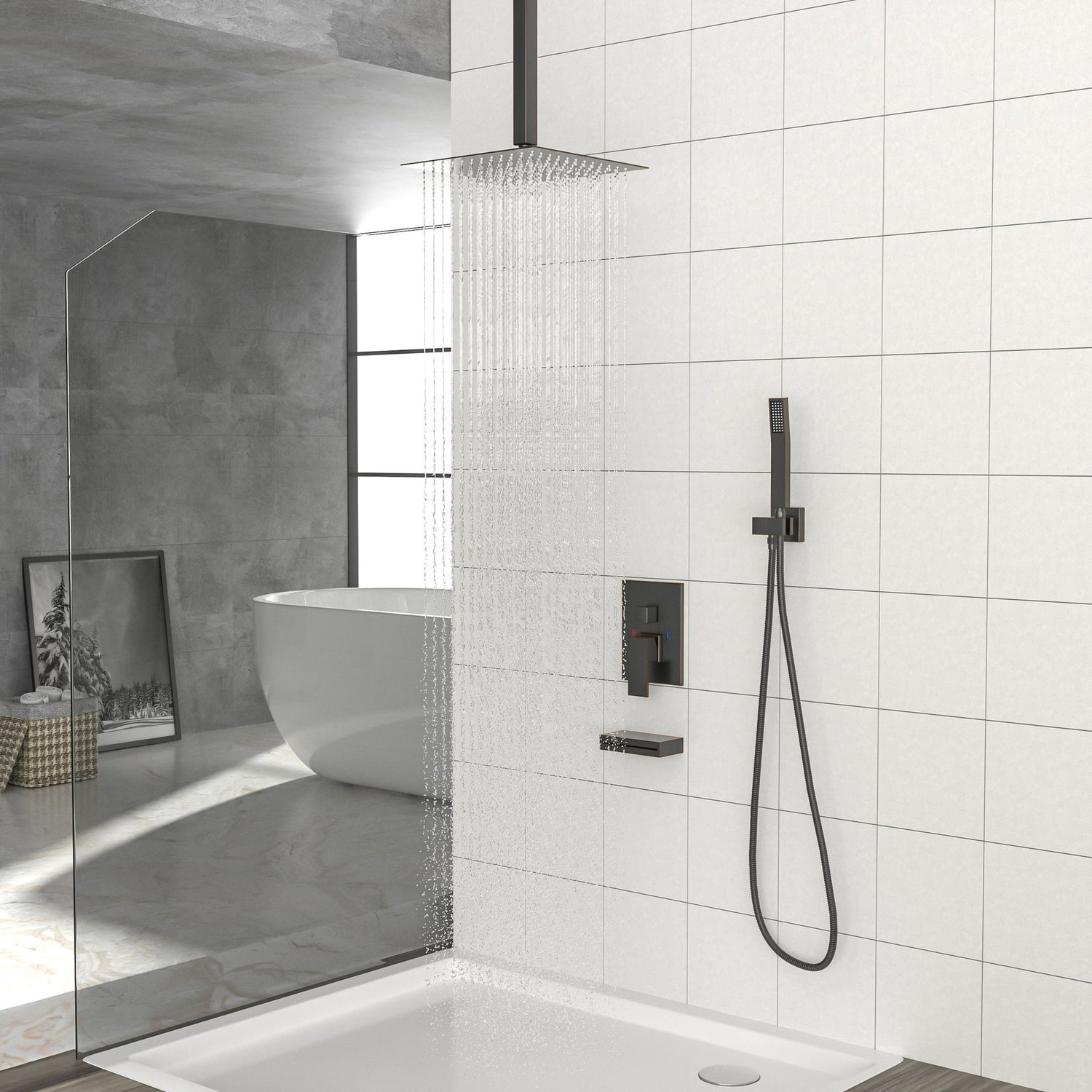 Shower System With Waterfall Tub Spout And 12&quot; Ceiling Mount Square Shower Head - Oil-Rubbed Bronze