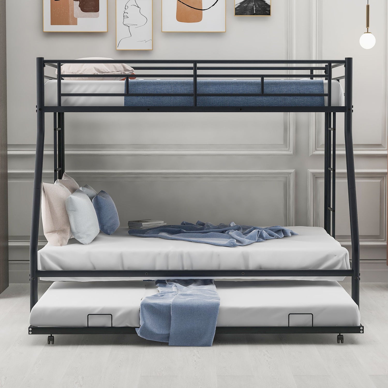 Bunk Bed With Steel Frame And Trundle, 2 Side Ladders