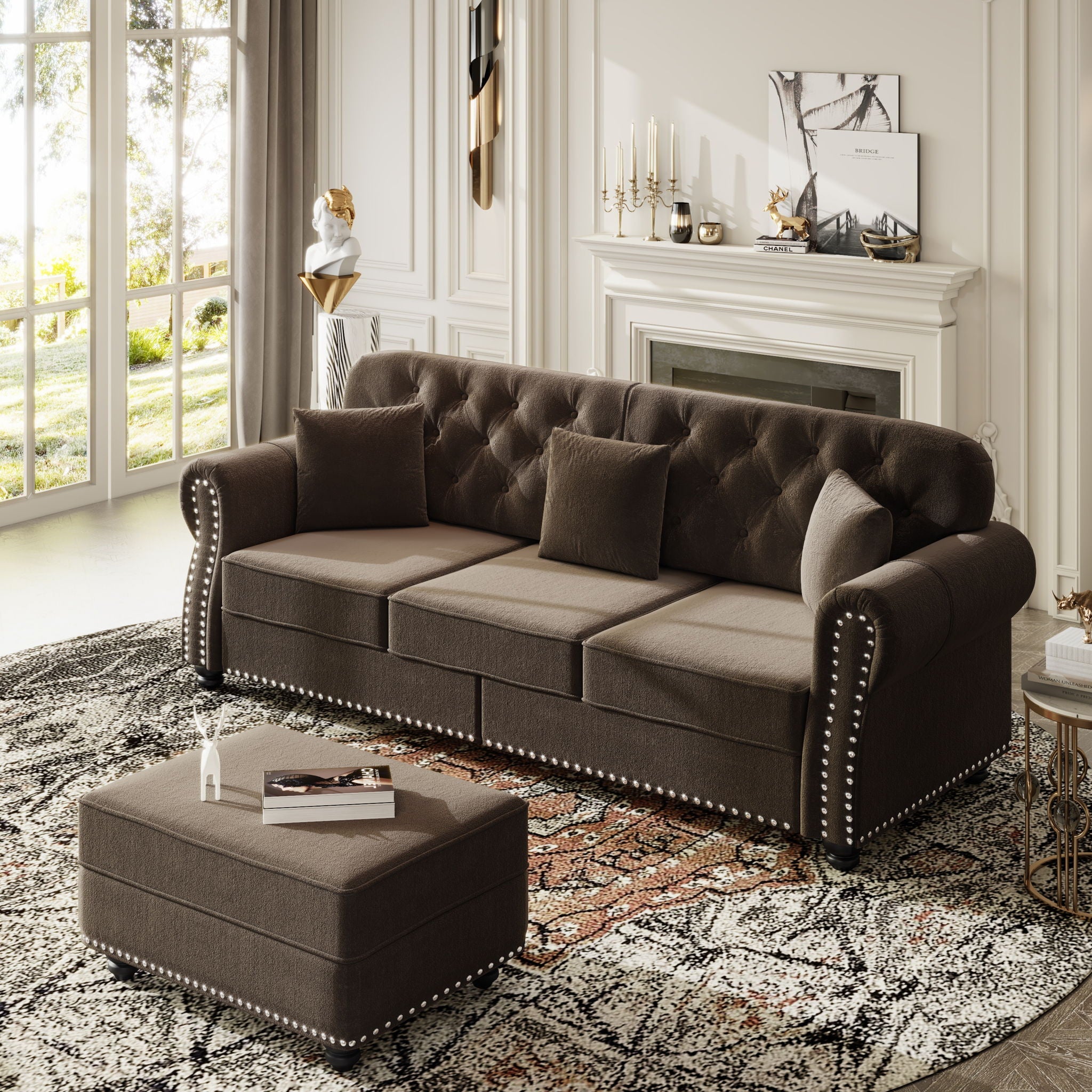 Upholstered 3 Seater Sofa Set With Ottoman