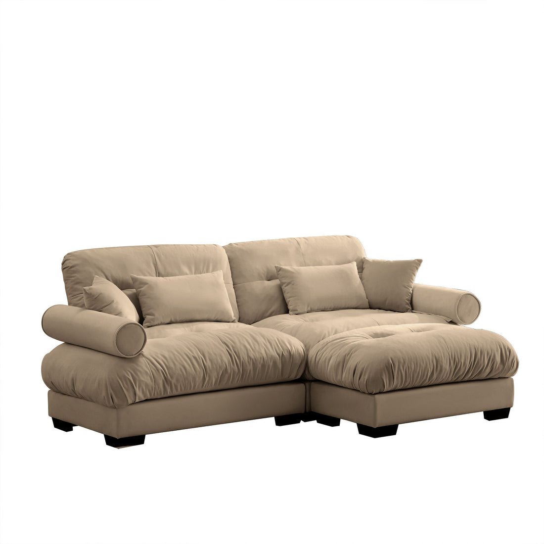 Modern Sectional Sofa With Ottoman, Round Bolster Armrests, Waist And Throw Pillows