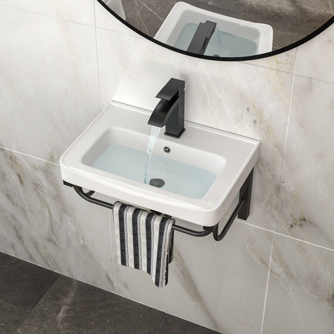 Wall Mounted Rectangular Bathroom Sink With 304 Stainless Steel Towel Bar &amp; Overflow - White