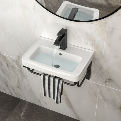 Wall Mounted Rectangular Bathroom Sink With 304 Stainless Steel Towel Bar &amp; Overflow - White