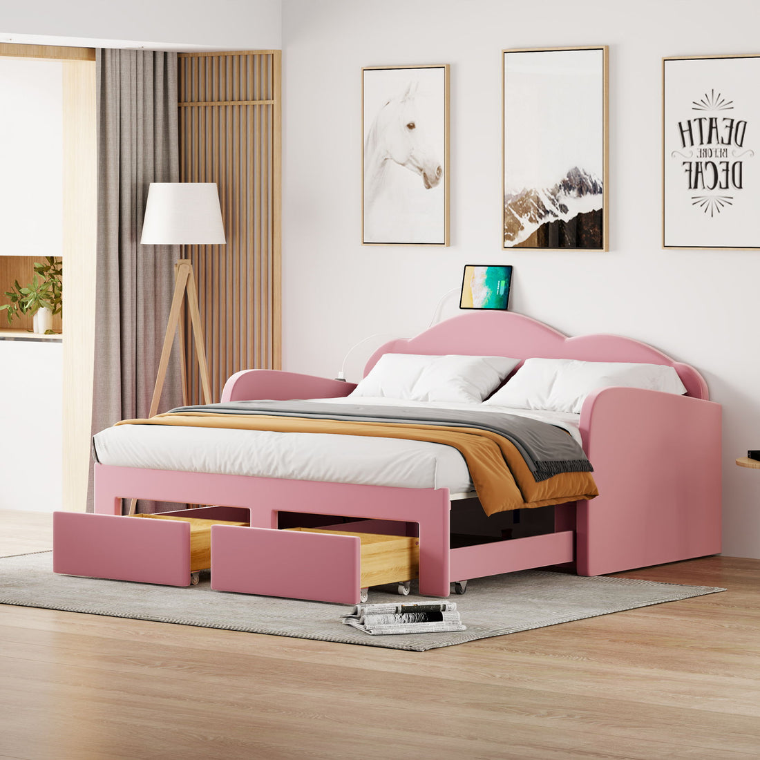 Upholstered Daybed With Cloud-Shaped Backrest, Trundle &amp; 2 Drawers And USB Ports