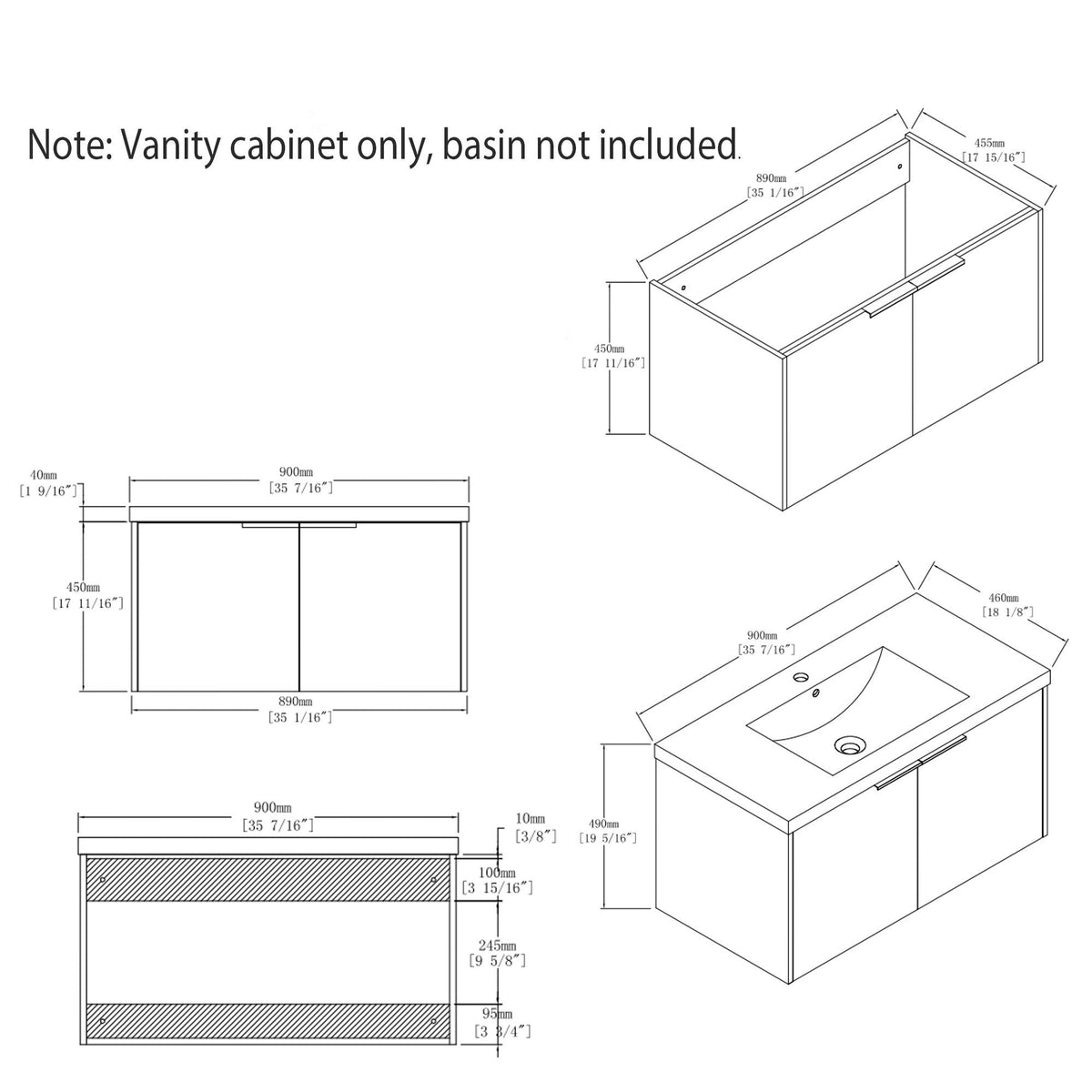 Floating Bathroom Vanity Cabinet &amp; Soft Close Double Doors, Spacious Interior Storage, Wall Mounted, Cabinet Only