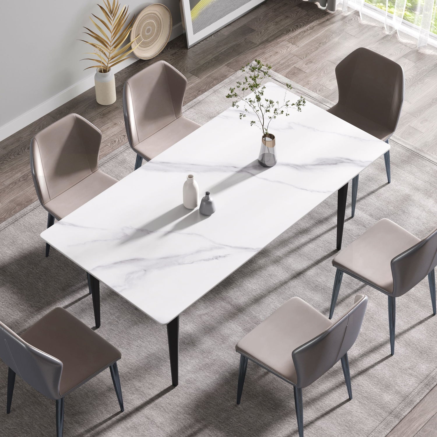 70.87&quot; Modern Artificial Stone White Straight Edge Black Metal Leg Dining Table, Can Accommodate 6-8 People - White / Black