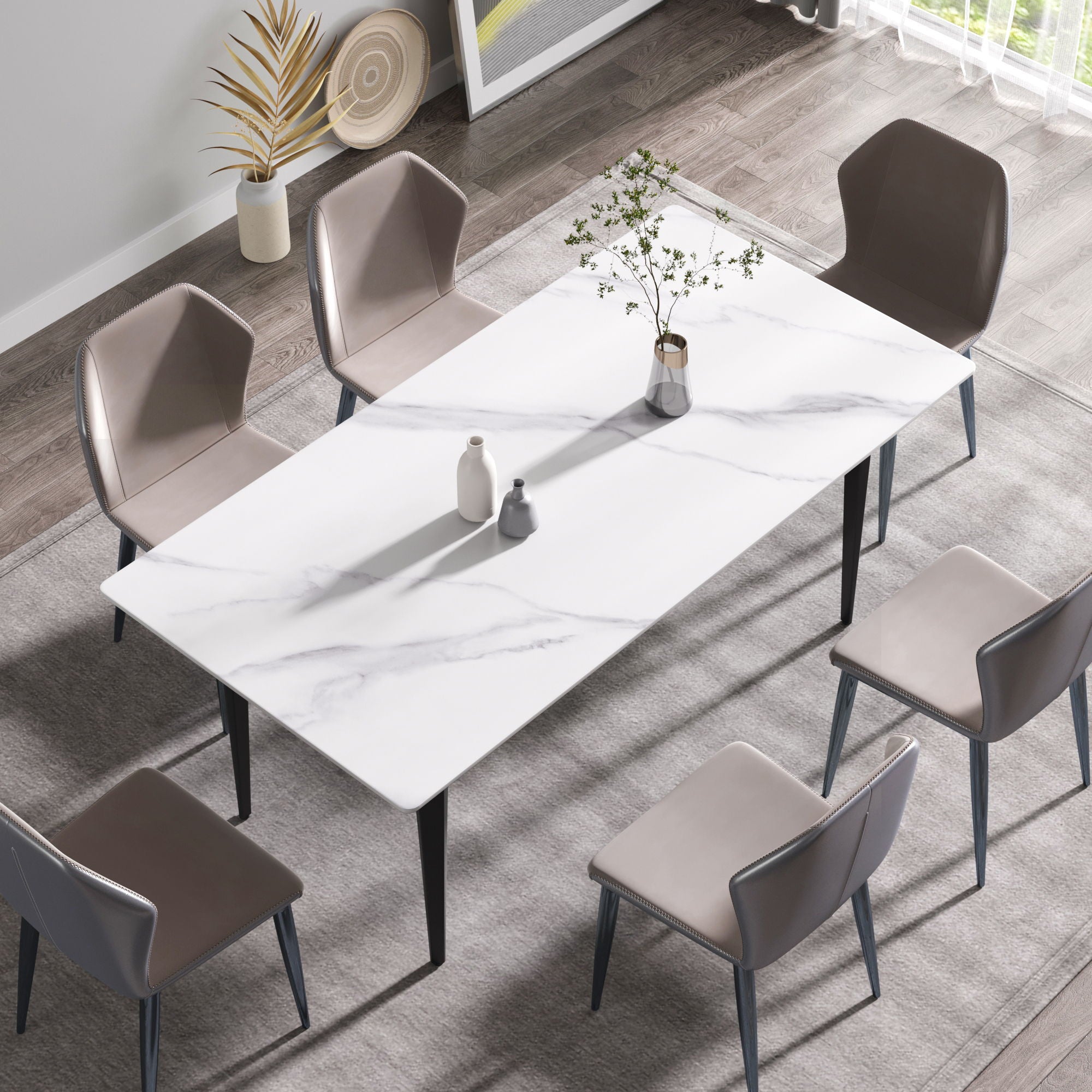 70.87&quot; Modern Artificial Stone White Straight Edge Black Metal Leg Dining Table, Can Accommodate 6-8 People - White / Black