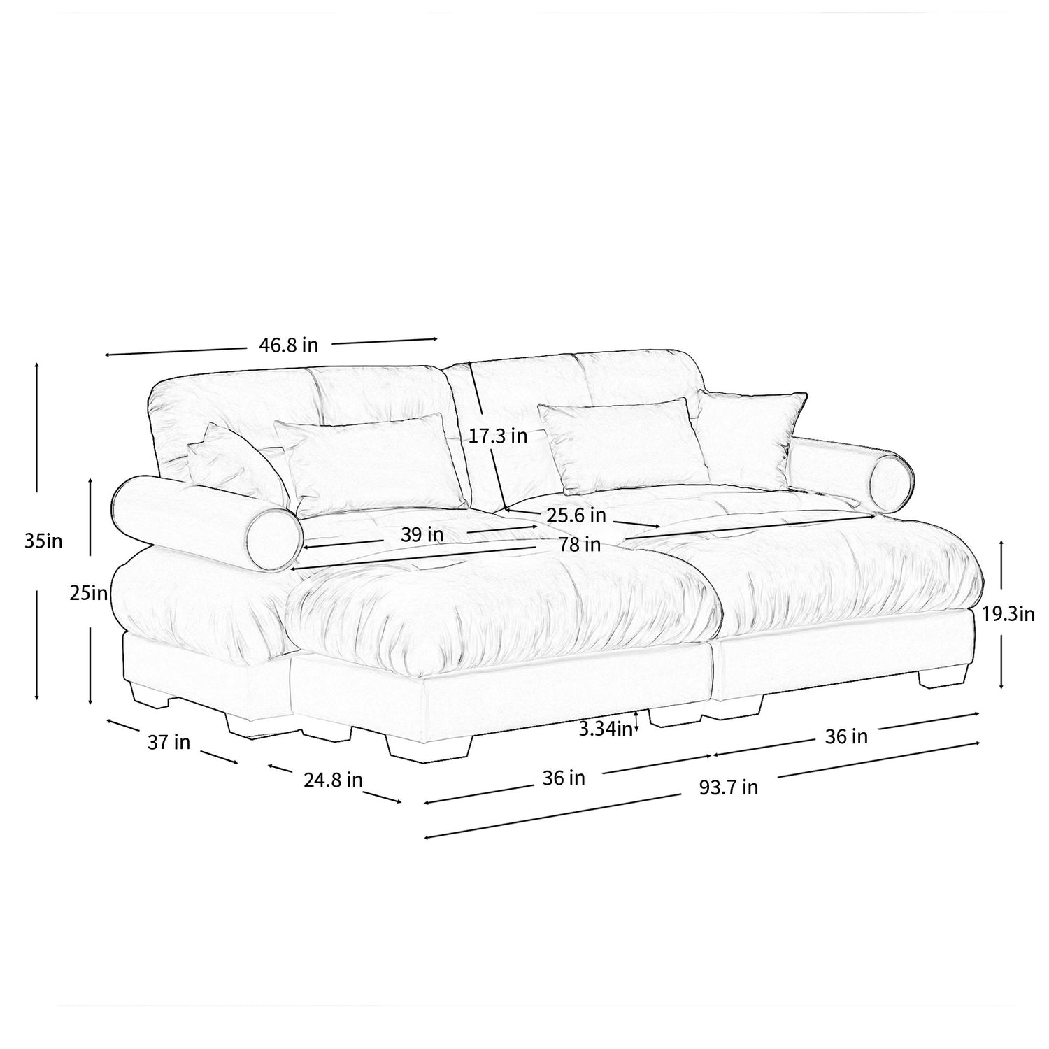 Modern Sectional Sofa With Ottoman, Round Bolster Armrests, Waist And Throw Pillows