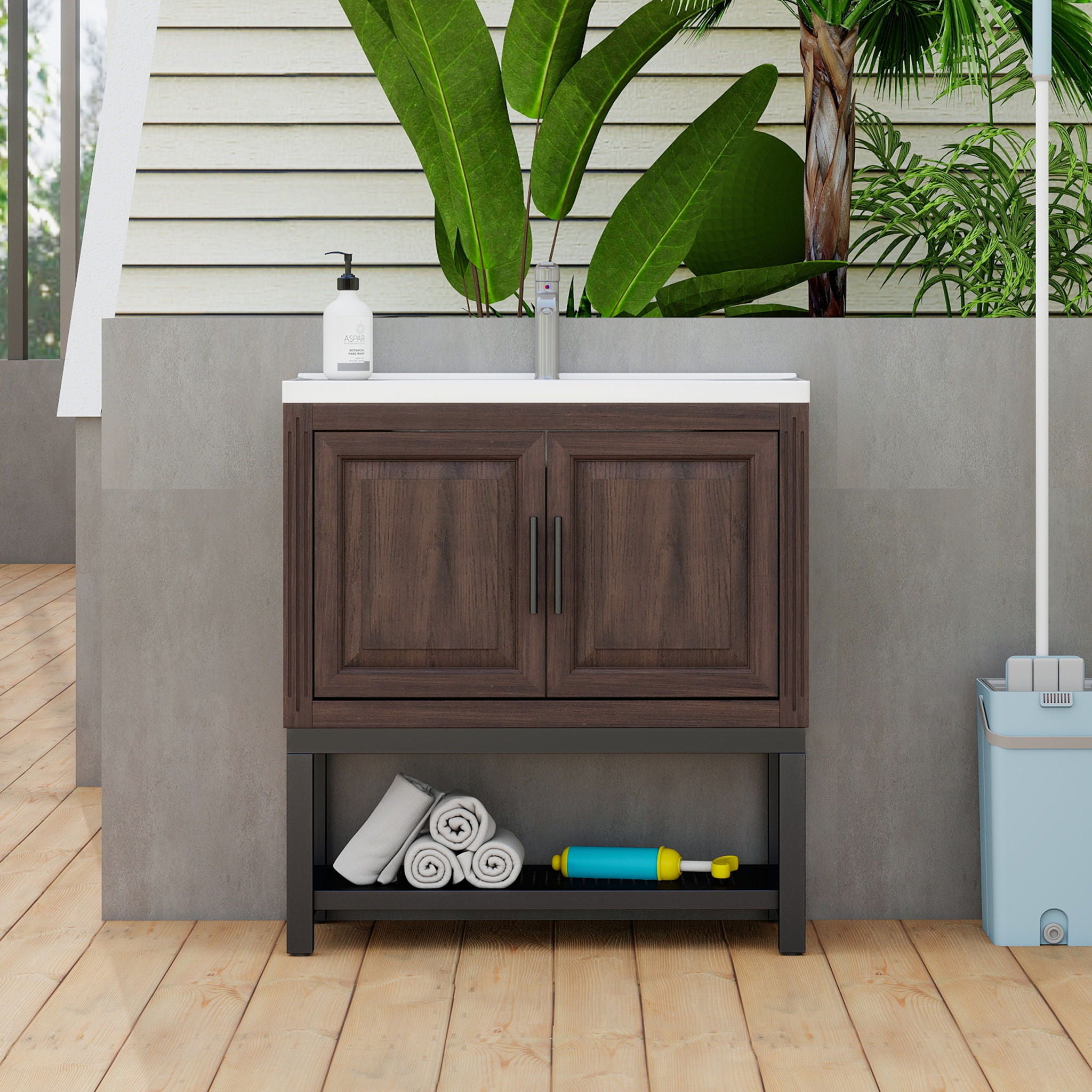 Modern Freestanding Bathroom Vanity With Ceramic Sink, Hot And Cold Faucet, Storage Cabinet &amp; Open Shelf