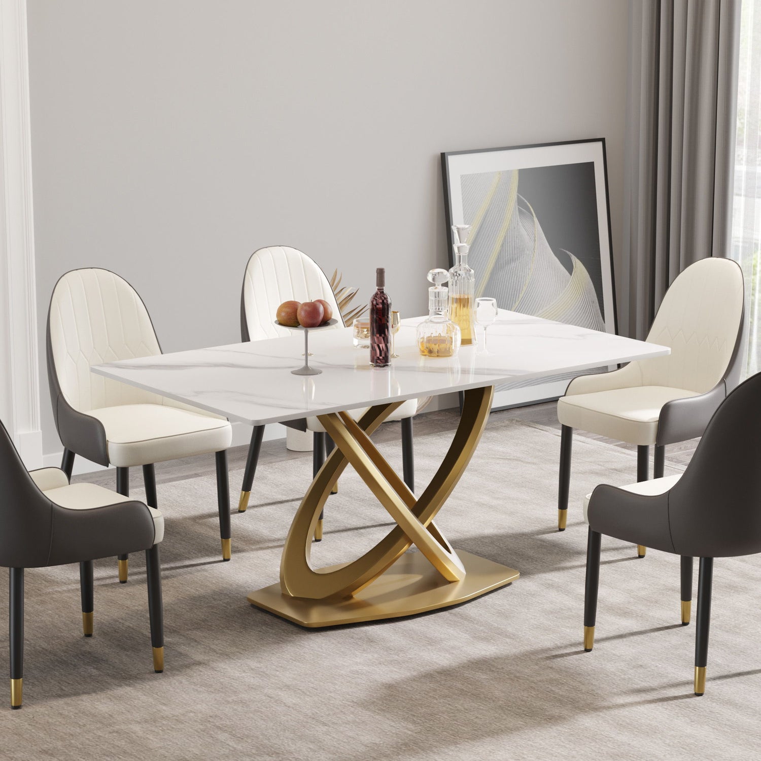 63&quot; Modern Artificial Stone Panel Double-Ring Stainless Steel Metal Legs, Can Accommodate 6-8 People - White / Gold