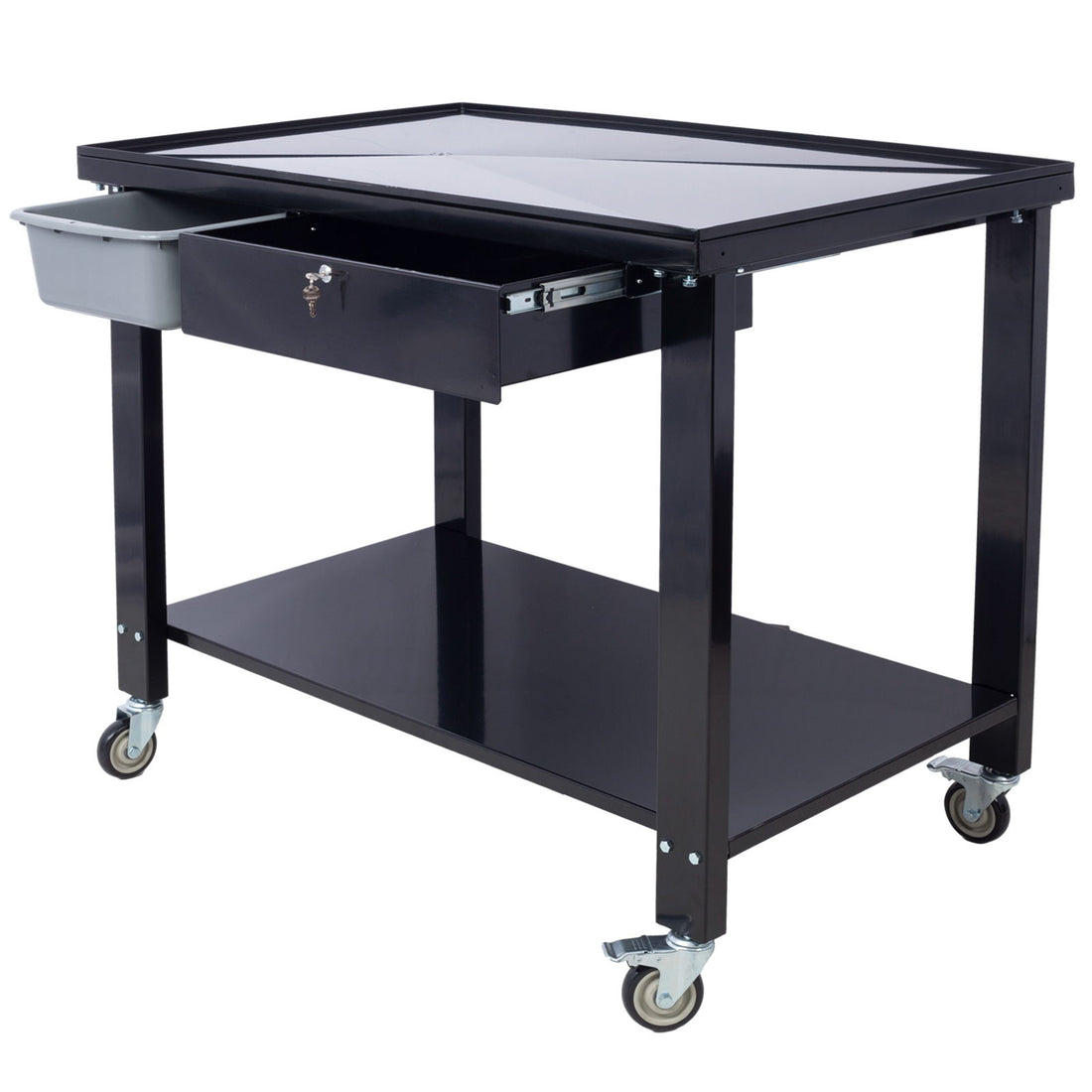 Transmission Teardown Work Station 1 / 2 Ton Capacity Sloping Drain Table Locking Drawer Removable Drain Basin Full-Width Lower Shelf Four 4&quot; Caster Wheels