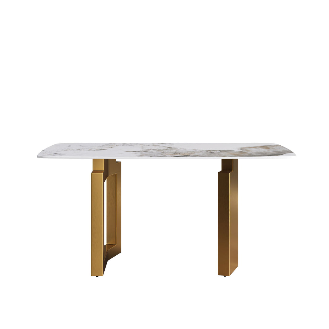 63&quot; Artificial Stone Pandora White Curved Golden Metal Leg Dining Table, 6 People - Antique White / Gold