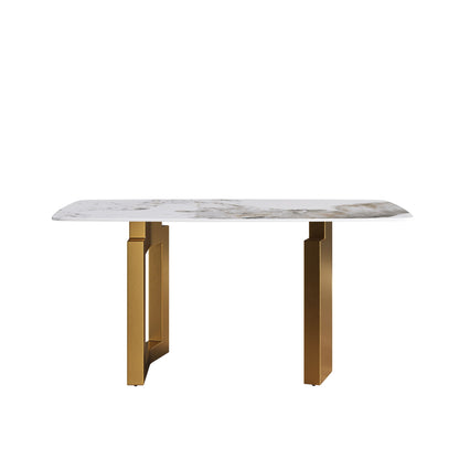 63&quot; Artificial Stone Pandora White Curved Golden Metal Leg Dining Table, 6 People - Antique White / Gold