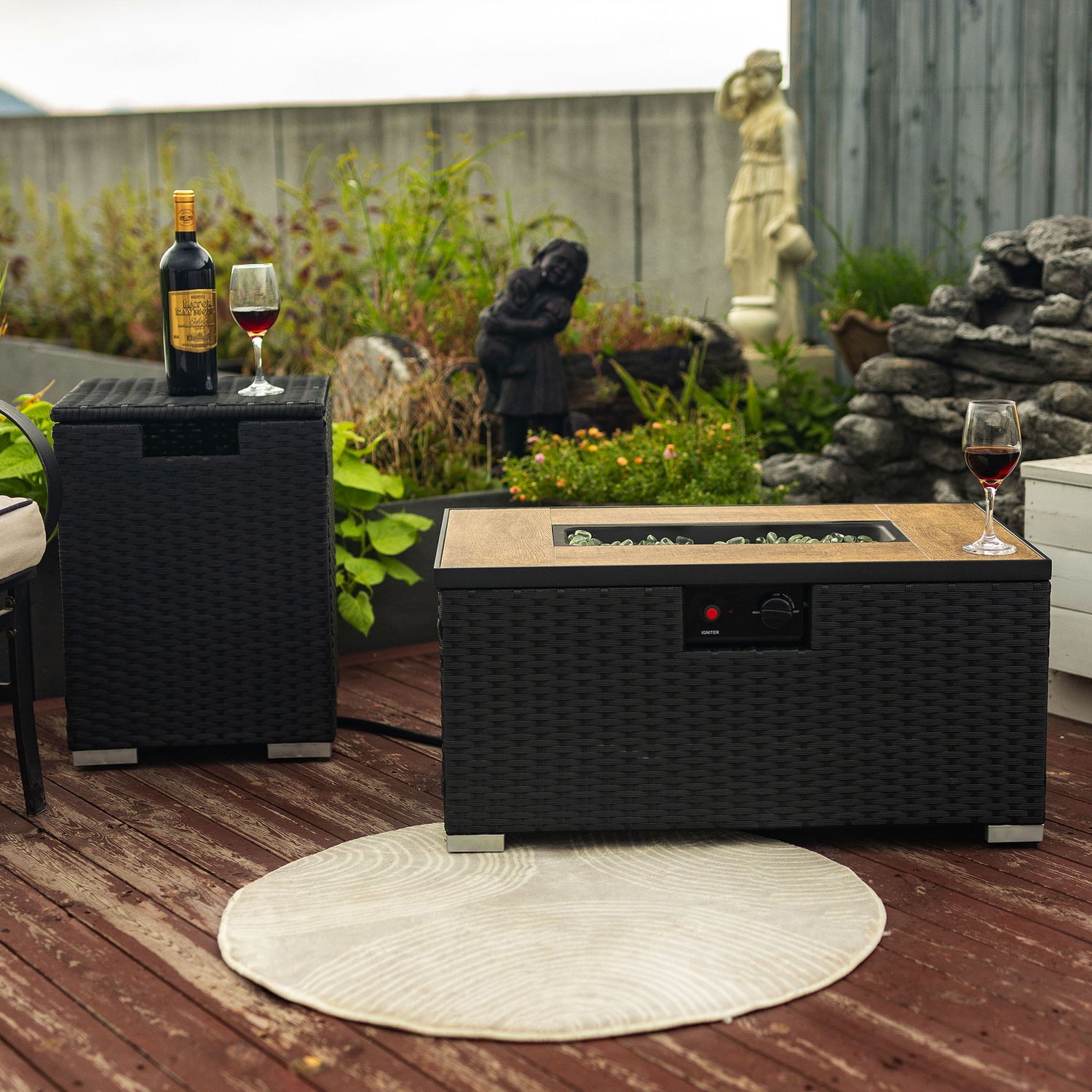 32&quot; Propane Gas Fire Pit Table With Propane Tank Cover, 50000 Btu Rectangular Steel Fire Pit With Beautiful Wicker Base