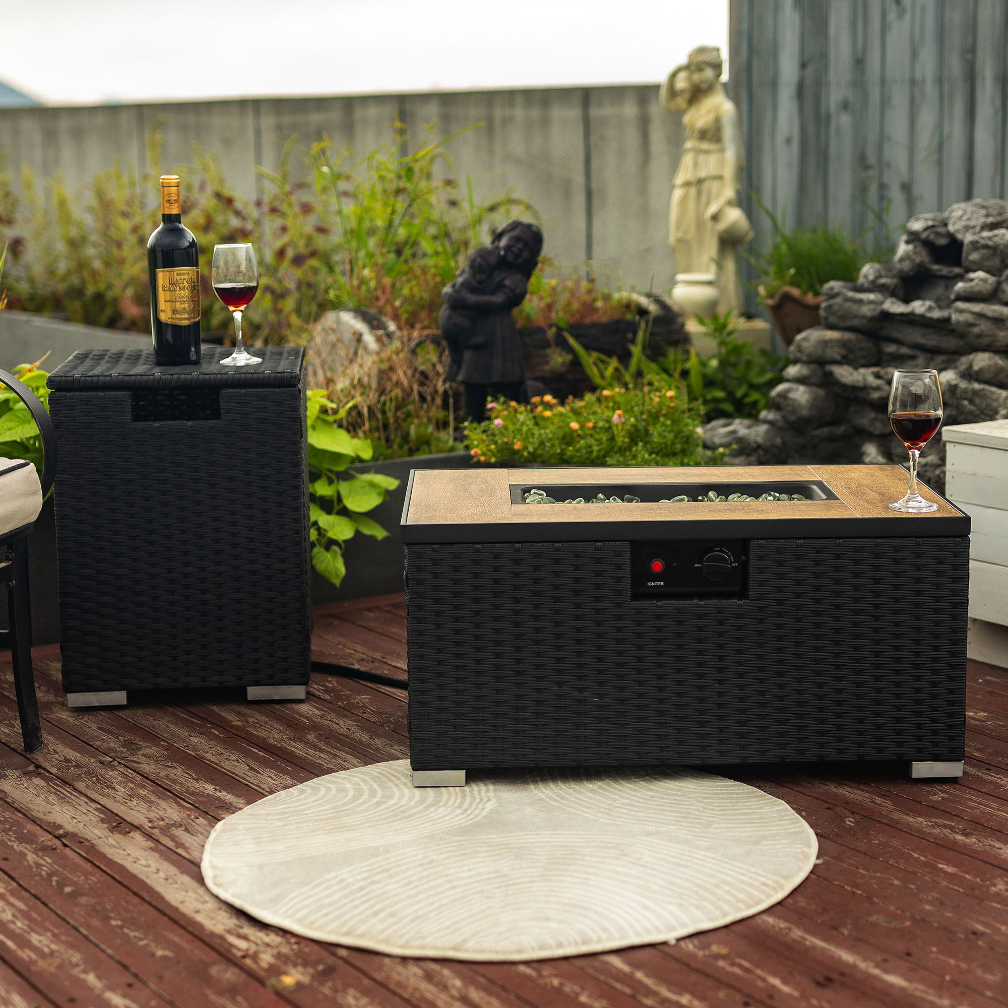 32&quot; Propane Gas Fire Pit Table With Propane Tank Cover, 50000 Btu Rectangular Steel Fire Pit With Beautiful Wicker Base