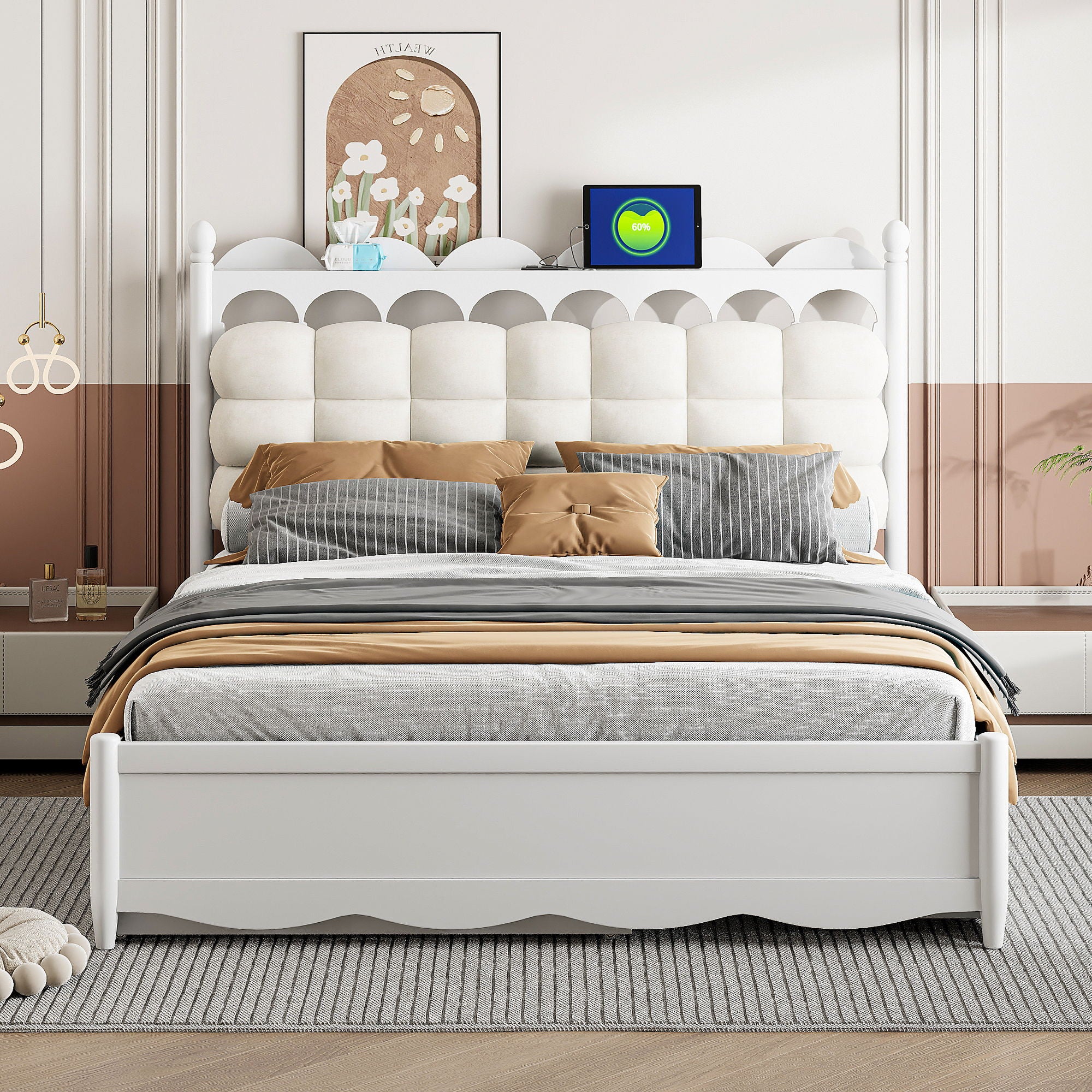 Storage Platform Bed, With 2 Big Drawers, Trundle, One Set Of Sockets &amp; USB Ports