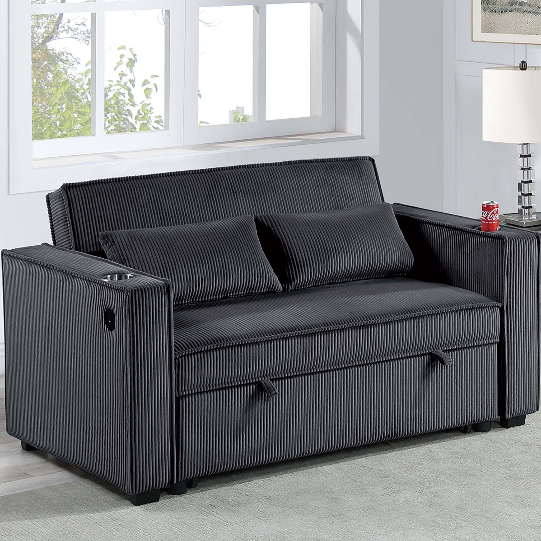Modern Style Convertible Sofa With Pull-Out Bed, USB Ports &amp; Cup Holders